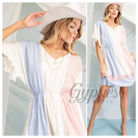 Farmhouse Kimono Sleeve Color Block Dress - Picture 9 of 12